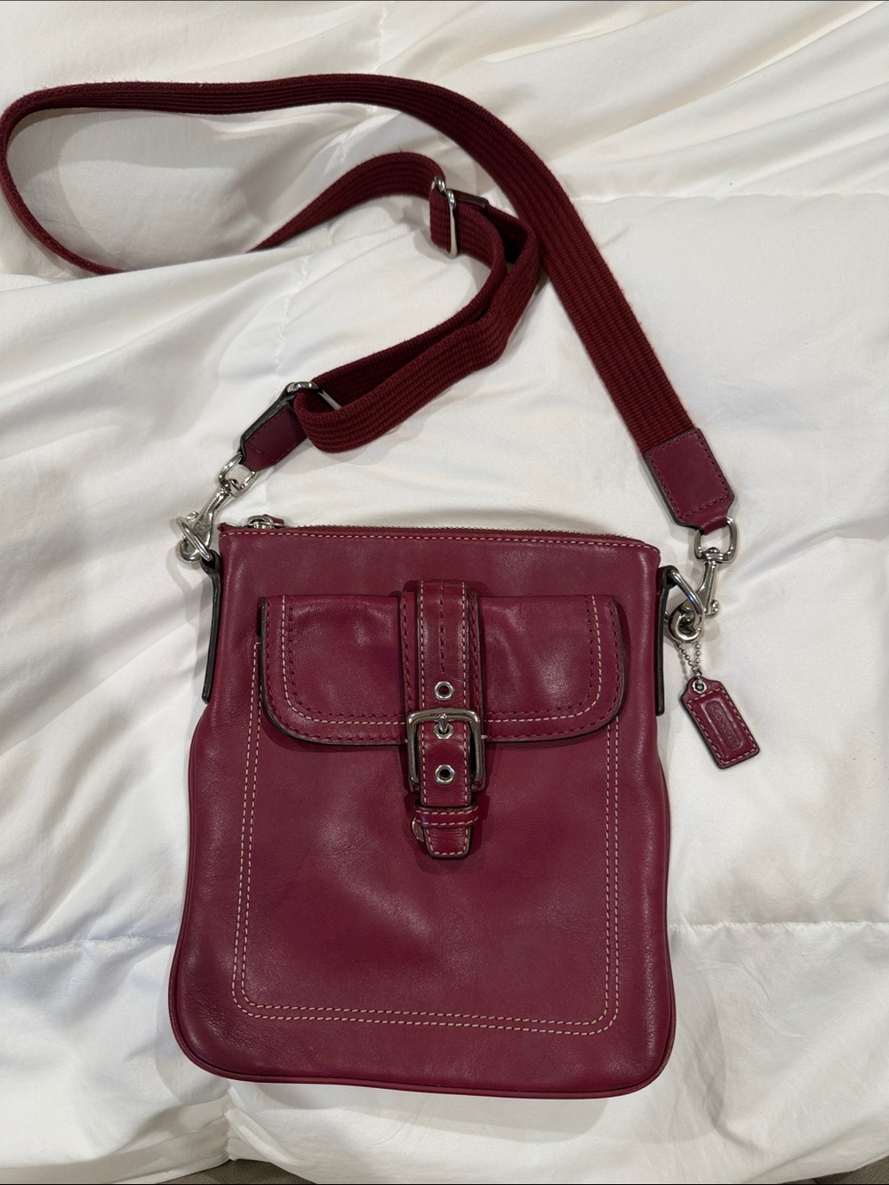 Coach Wine Leather Messenger Crossbody with Buckle Front